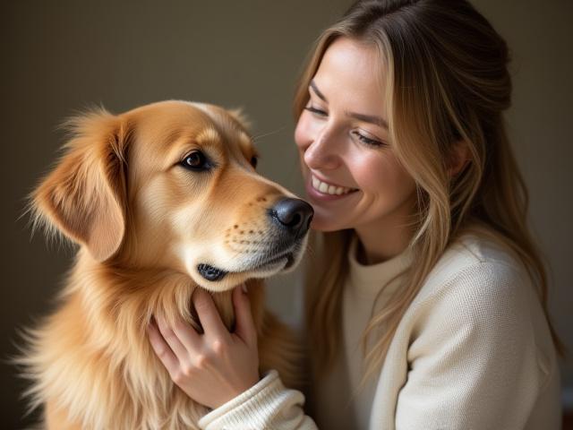 Sarah Jenkins, founder of Fuzzfolk, gently petting a fluffy golden retriever.