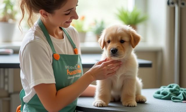 A calm dog being gently petted by a professional groomer, representing a positive first grooming experience.