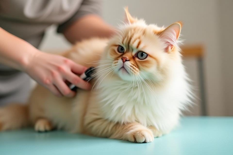 A calm, fluffy cat being gently brushed by a groomer, showing a serene expression.