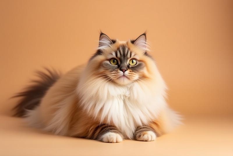 A long-haired cat with a shiny, well-groomed coat, looking comfortable and happy after a grooming session.