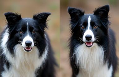 Border Collie before brush out with tangled fur and after with a smooth, well-groomed coat.