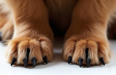 Cocker Spaniel's paws before and after nail trimming and paw pad shave.