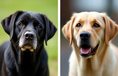 Labrador before bath looking dirty and after looking clean and vibrant.