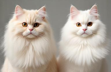 Persian cat before bath with dull fur and after with a clean, shiny, soft coat.