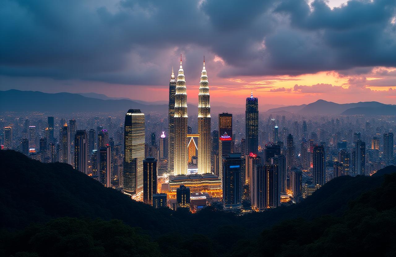 Stunning architectural shot of Kuala Lumpur skyline at dusk, representing the artistry of Lens & Lattice Atelier.