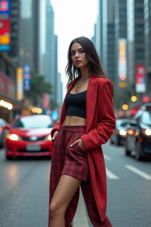 A fashion model posing in an urban Kuala Lumpur setting.