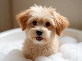 Happy dog enjoying a bubble bath